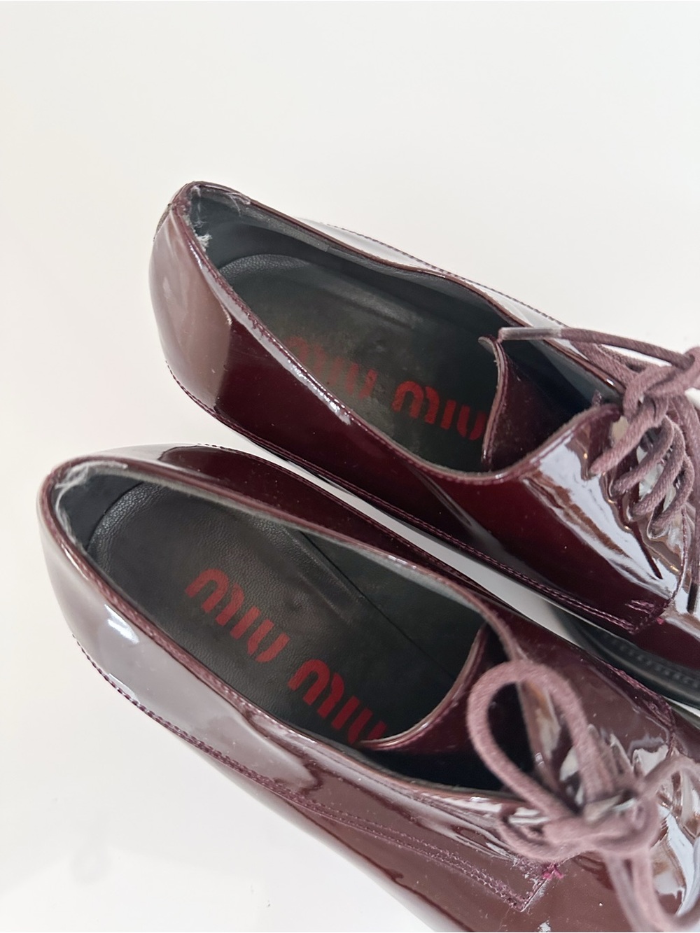Miu Miu Burgundy Patent Leather Lace Up Kitten Heel Oxfords EU 37.5 / US 7.5 - Picture 3 of 11